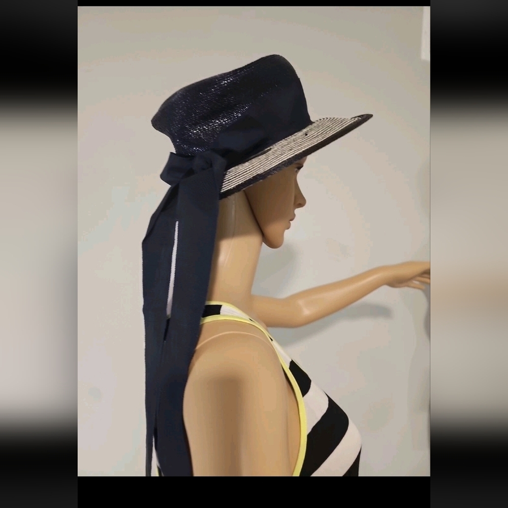 Gimbels 60's vintage navy blue and white striped straw boater-style hat W/ribbon